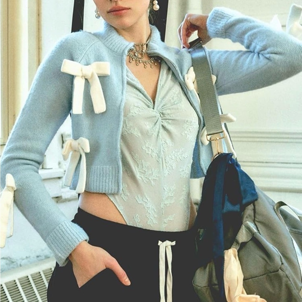Cider Blue Sweater with Cream Bows NWT Size L